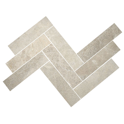 Enki limestone parquet velvet finish rectangular tiles with gray herringbone pattern and subtle textured finish