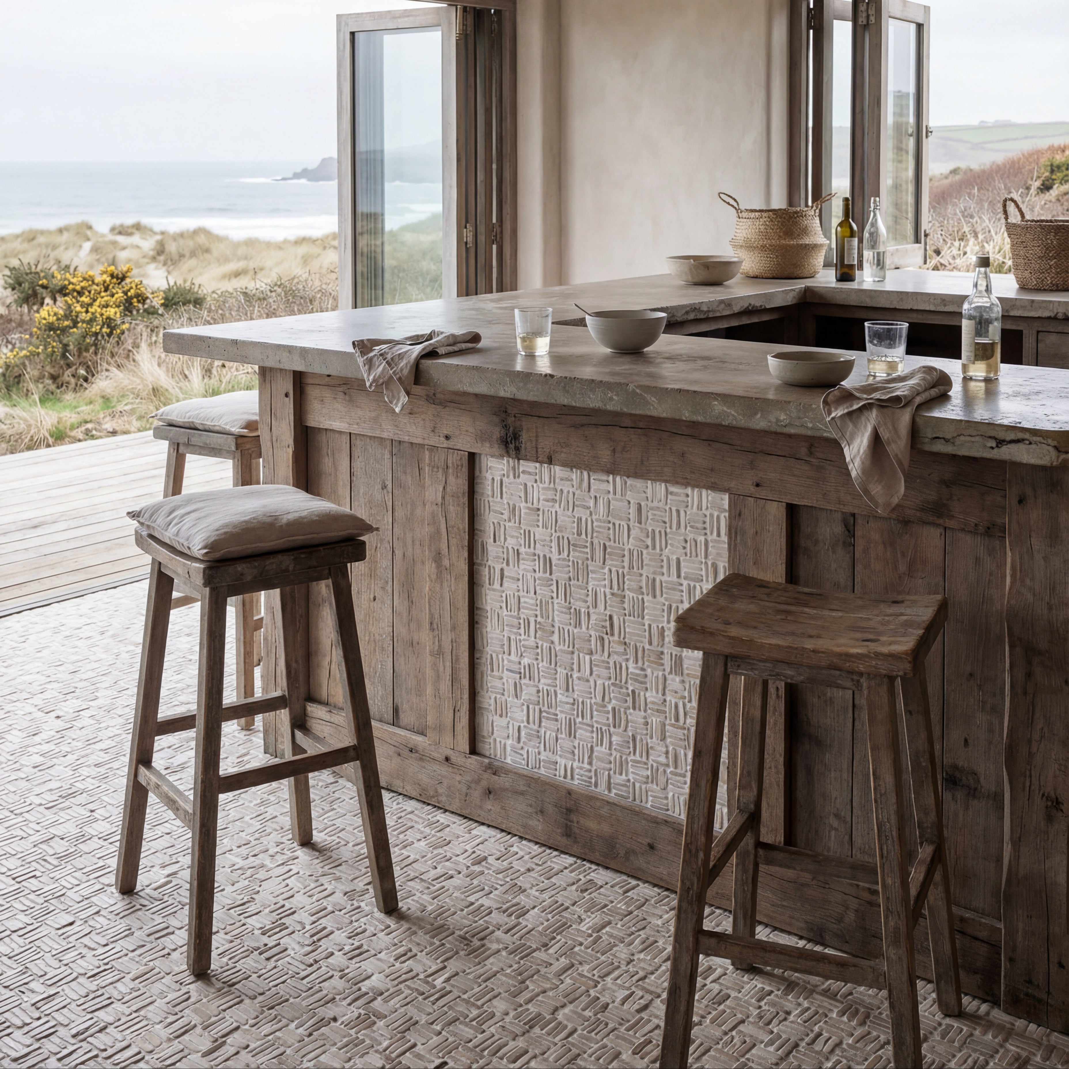 Wooden kitchen island with stools in a coastal setting