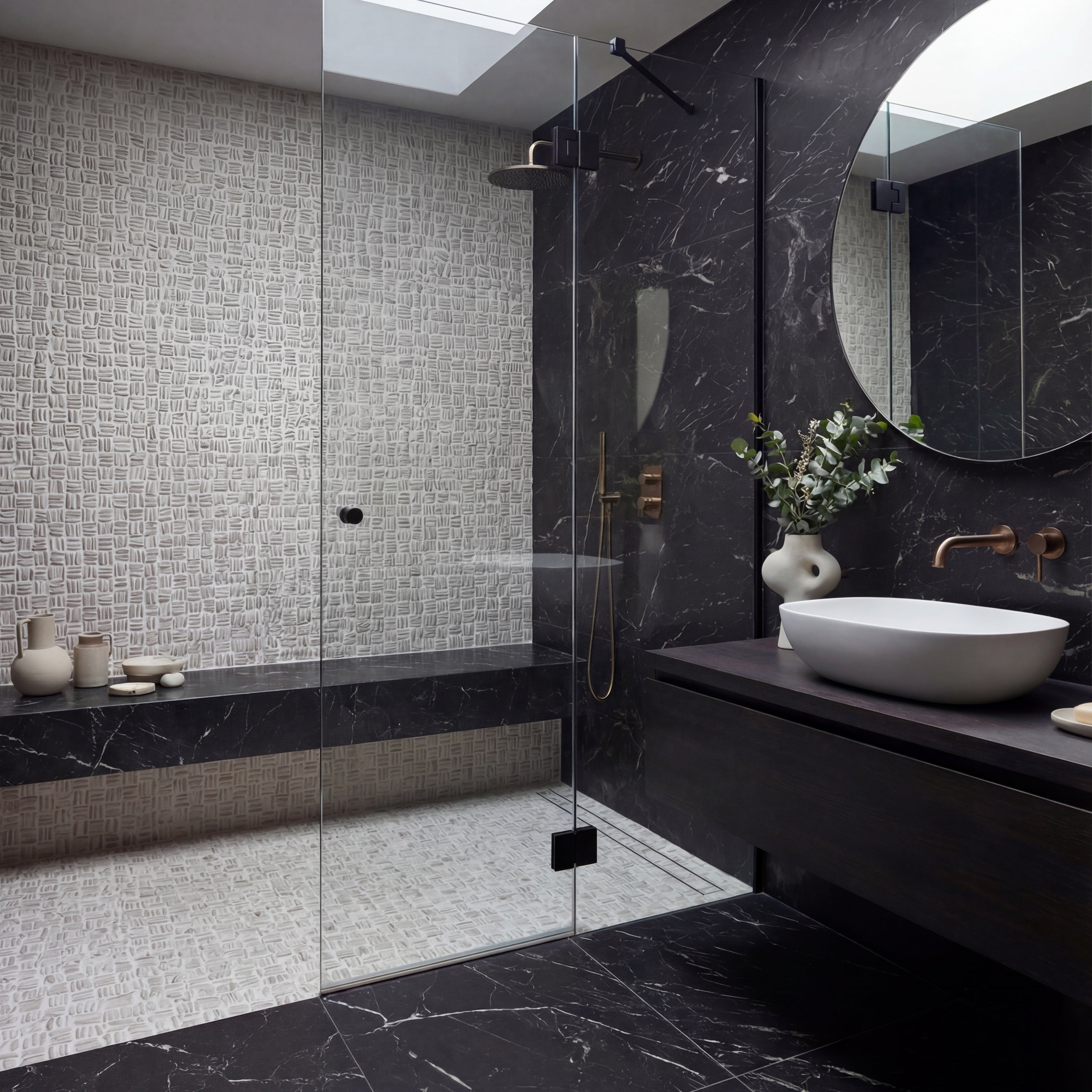Modern bathroom with black marble walls, a glass shower enclosure, and a round mirror.