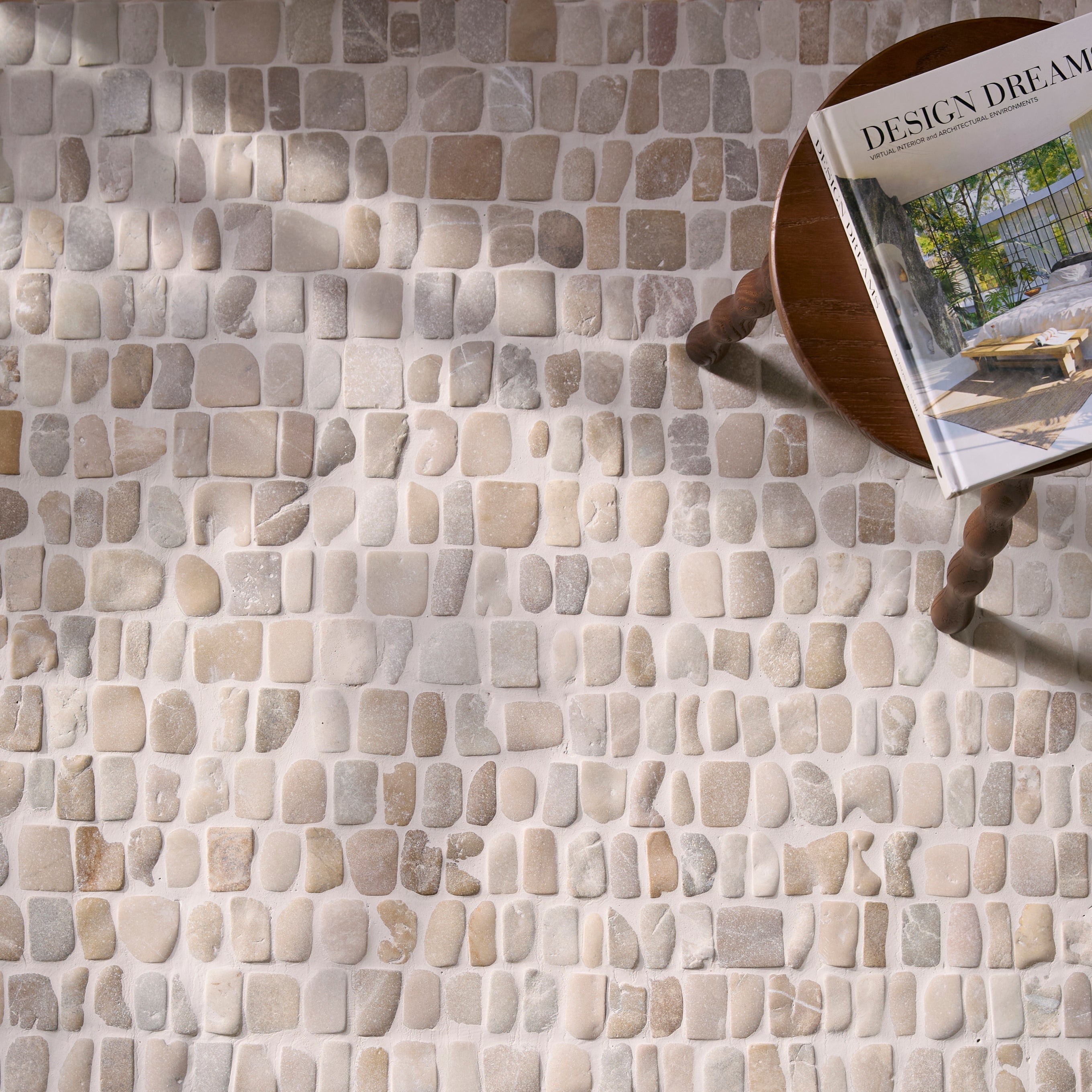 Enso Cobble Mosaic Strip Sand Limestone Tiles