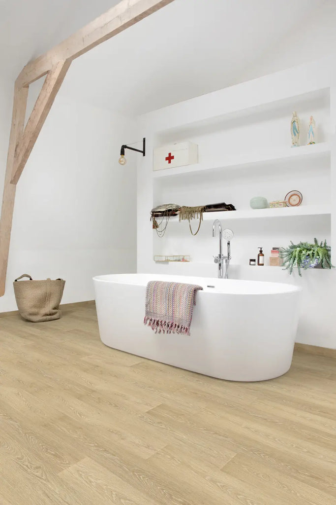 Floorify F006 Blush luxury vinyl planks in bathroom