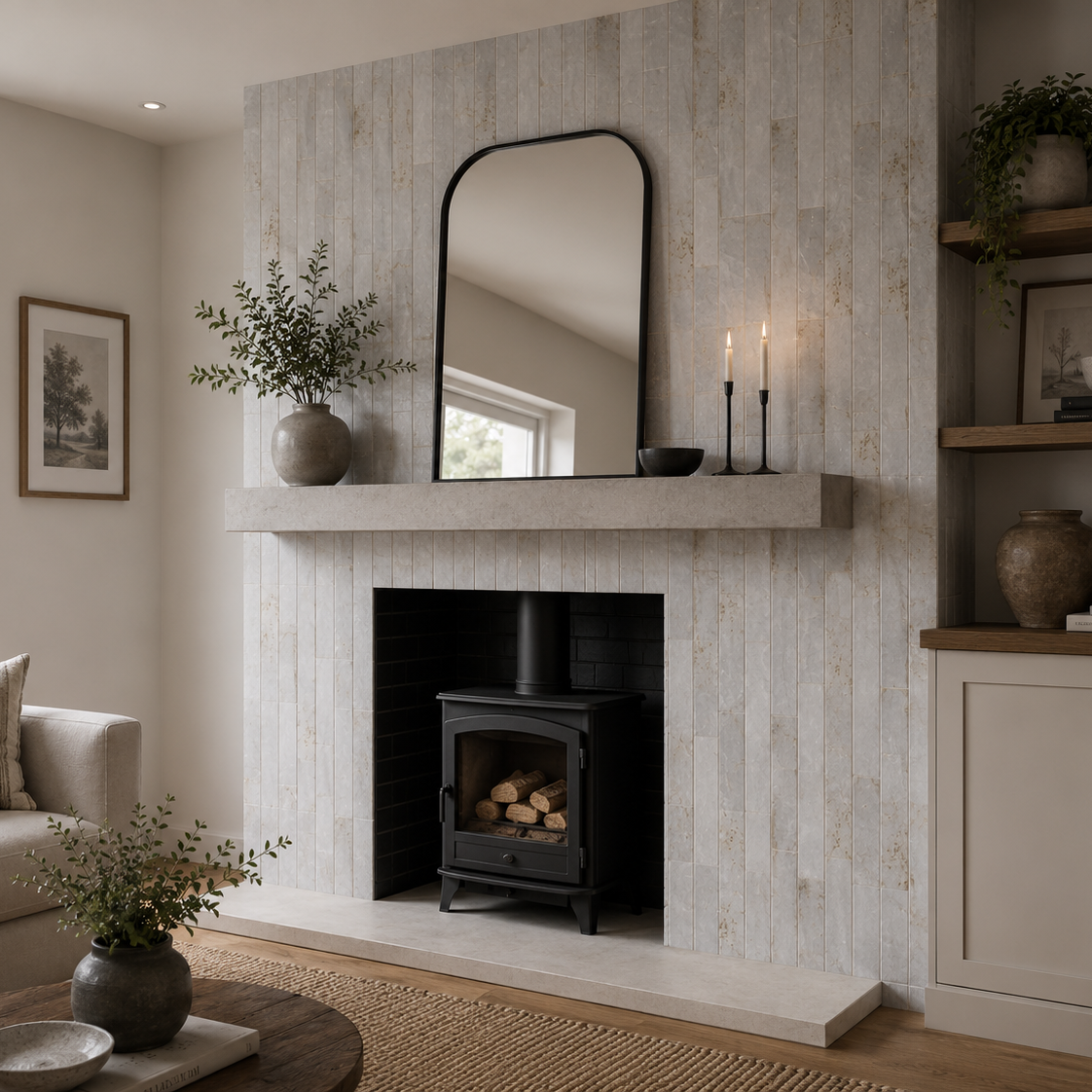 Genesi Pearl Brillo 4.8 x 45cm pearl grey brick tiles on a fireplace surround