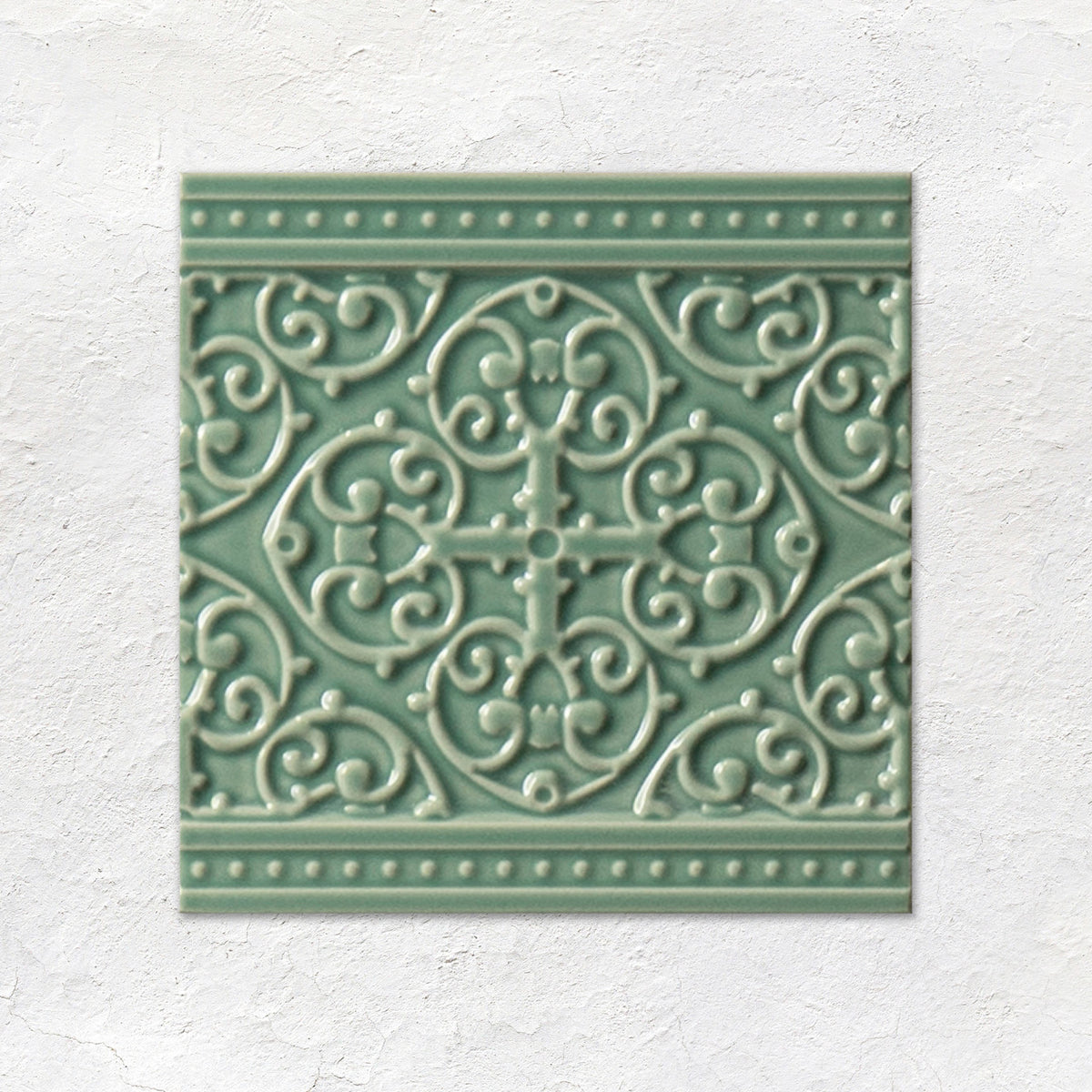 Grosvenor on Jade Breeze Ceramic Wall Tile 152x152mm - Handmade - Green