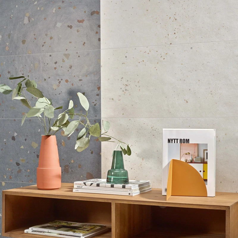 Happy Joy Blue 33 x 100cm ceramic terrazzo tile room setting