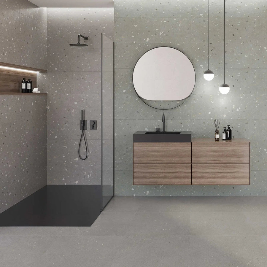 Happy Joy Grey 33 x 100cm ceramic terrazzo tile lifestyle setting