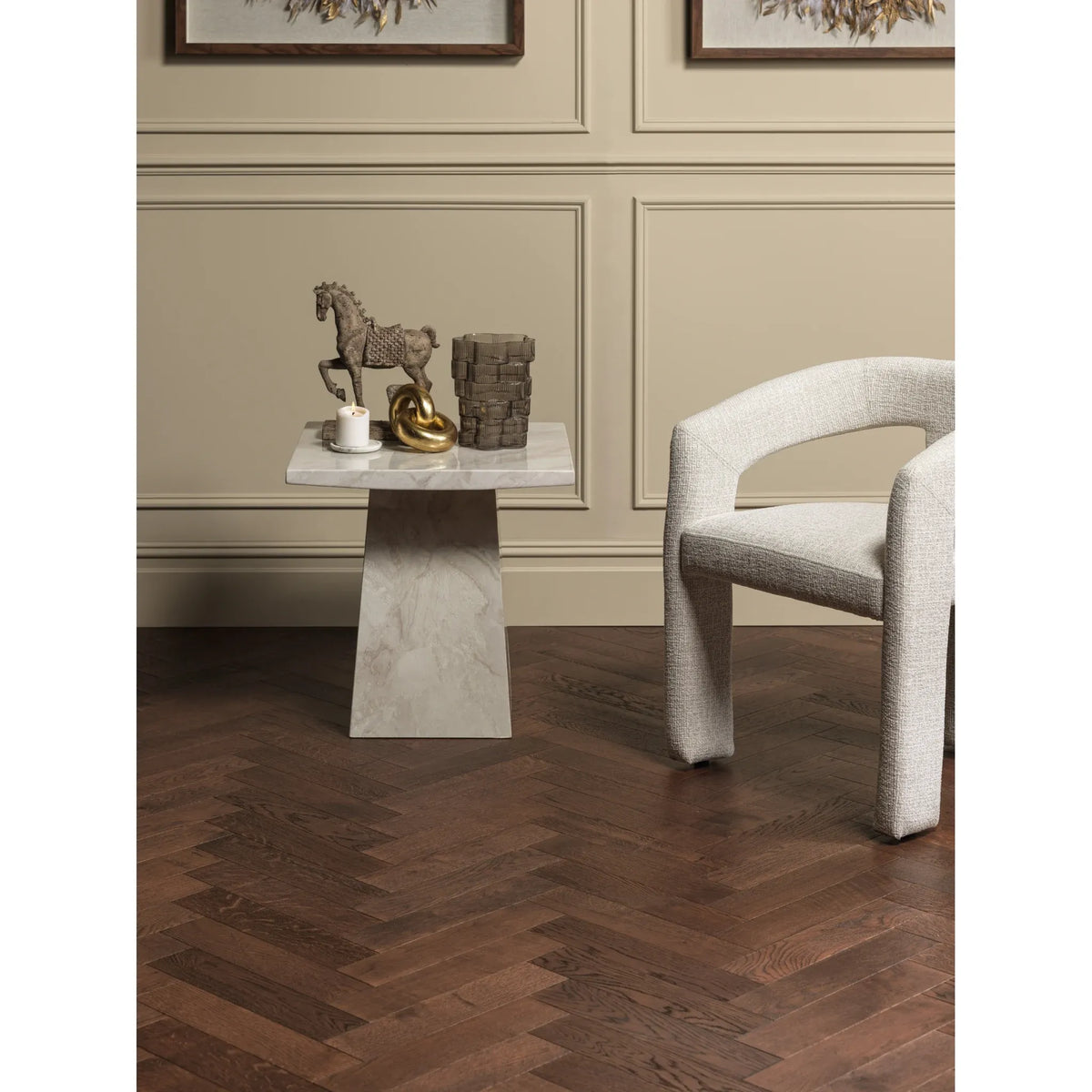 Goodrich Brook Oak herringbone flooring in a living room