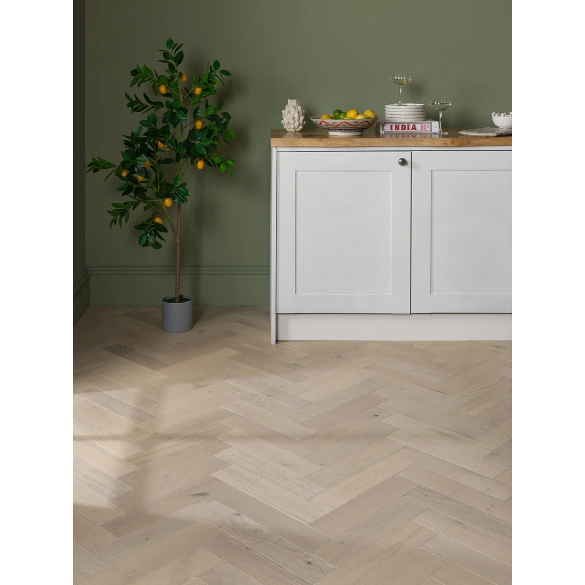 Goodrich Strait Oak herringbone flooring in a living room