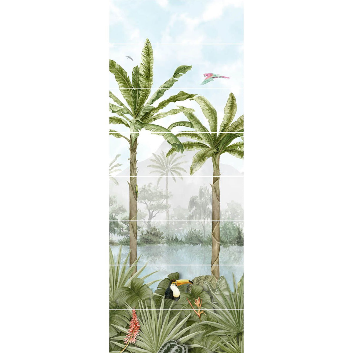 Tropical oasis decorative 8-tile set panel a featuring lush green palm trees toucan and parrots on misty jungle background