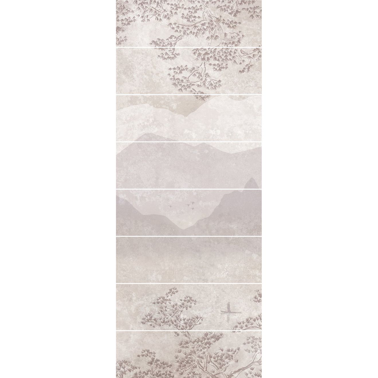 Beige and gray porcelain tiles with hand-painted misty mountain landscape featuring branches and birds eastern mist panel c