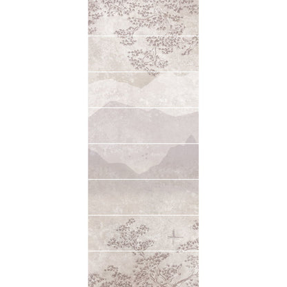 Beige and gray porcelain tiles with hand-painted misty mountain landscape featuring branches and birds eastern mist panel c