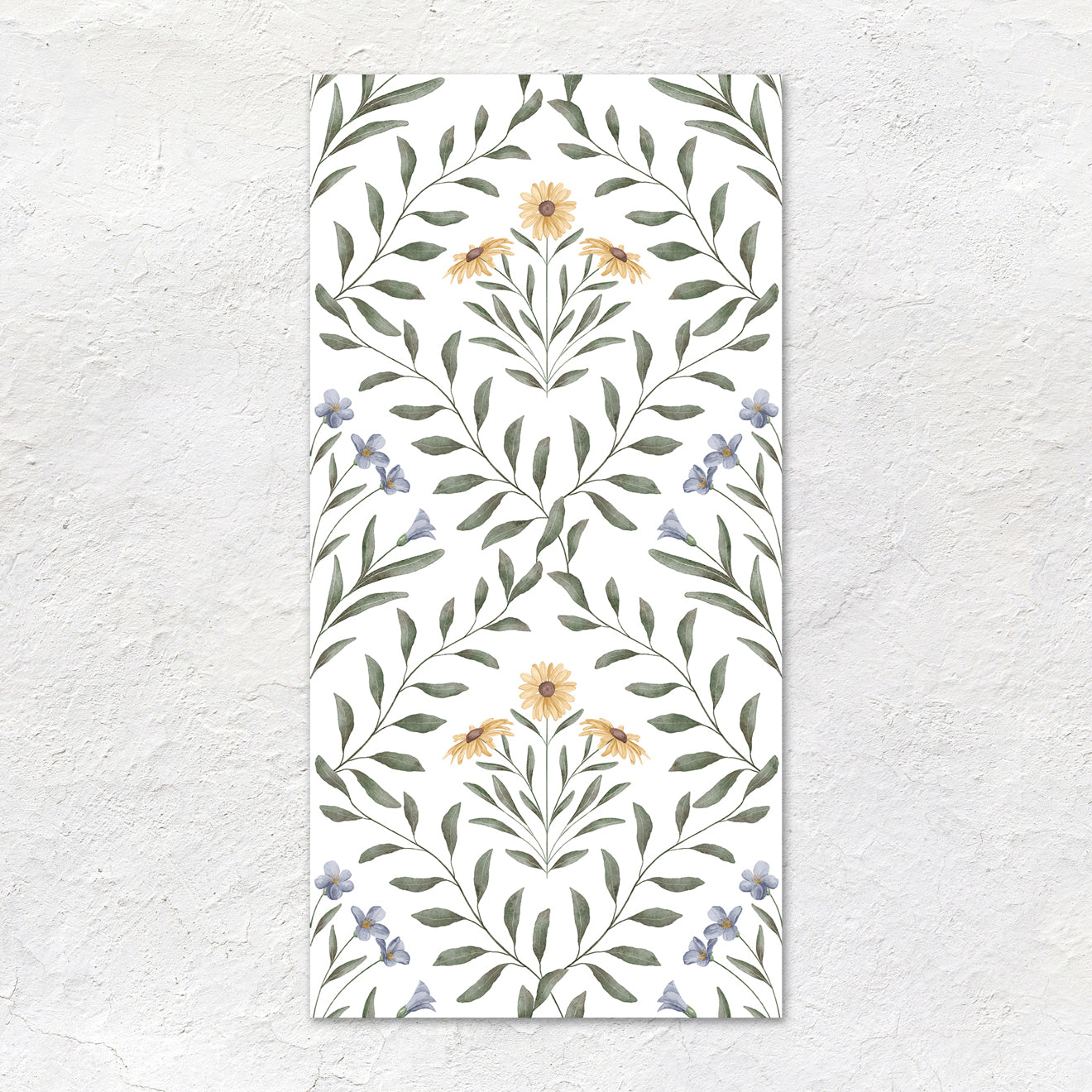 A rectangular white arts & crafts flora blue 60x30cm wall tile with delicate watercolor floral pattern in green yellow and purple