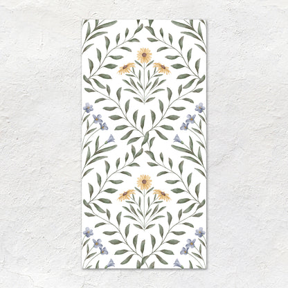 A rectangular white arts & crafts flora blue 60x30cm wall tile with delicate watercolor floral pattern in green yellow and purple