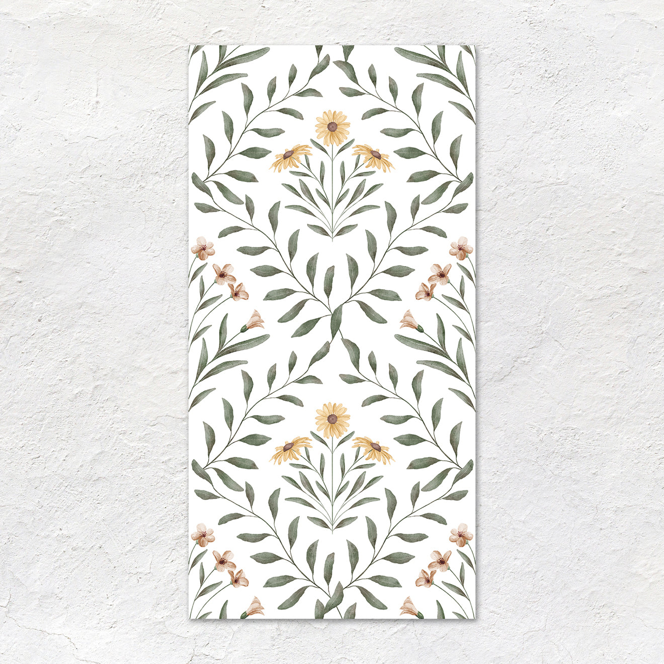 A rectangular arts & crafts flora pink wall hanging with watercolor sage green leaves yellow daisies and pale pink blossoms