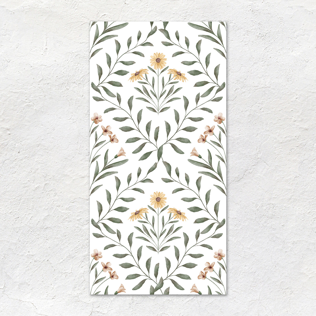 A rectangular arts & crafts flora pink wall hanging with watercolor sage green leaves yellow daisies and pale pink blossoms