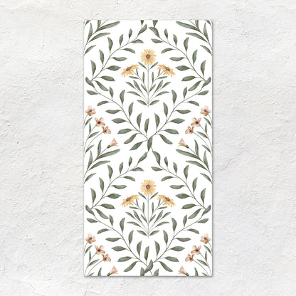 A rectangular arts & crafts flora pink wall hanging with watercolor sage green leaves yellow daisies and pale pink blossoms