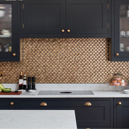 Gilded fish-scale metallic vitreum aurum fan gold glass tile with warm metallic sheen for backsplash use