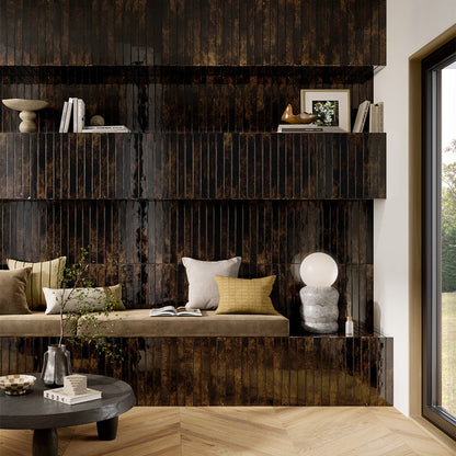 Arta Black Polished 5 x 45cm Wall Tile in a room setting