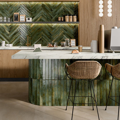 Arta Dark Green Polished 5 x 45cm Wall Tile in a room setting