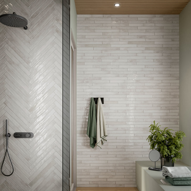 Arta Ivory Polished 5 x 45cm Wall Tile in a room setting