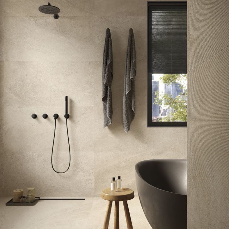 Bergen Ivory Matt 90 x 90cm Wall & Floor Tile in a room setting
