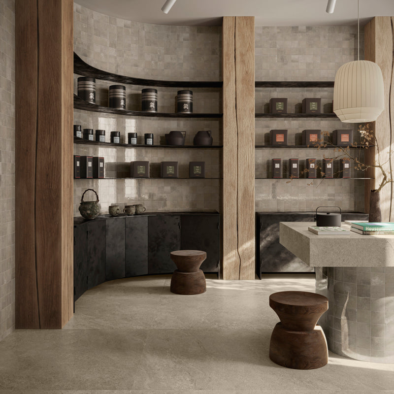 Bergen Sand Matt 90 x 90cm Wall & Floor Tile in a room setting