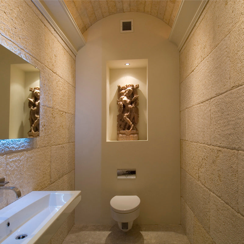Biblical Grey Gold Textured 40cm x Random Length Wall Tile in a room setting