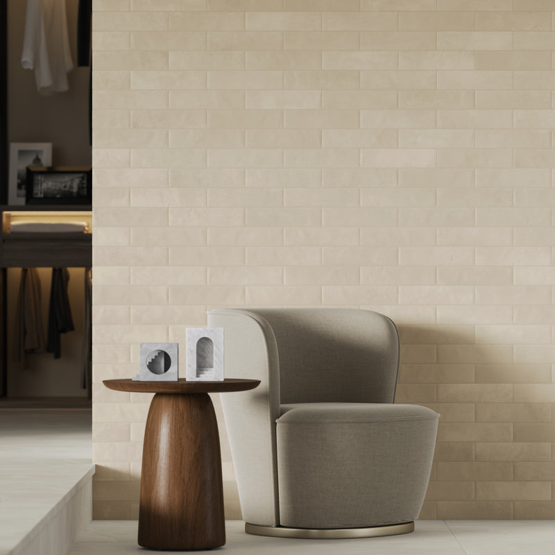 Ceren Mini Cashmere Polished 6 x 24cm Wall Tile in a room setting