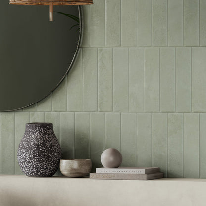 Ceren Mini Verde Polished 6 x 24cm Wall Tile in a room setting