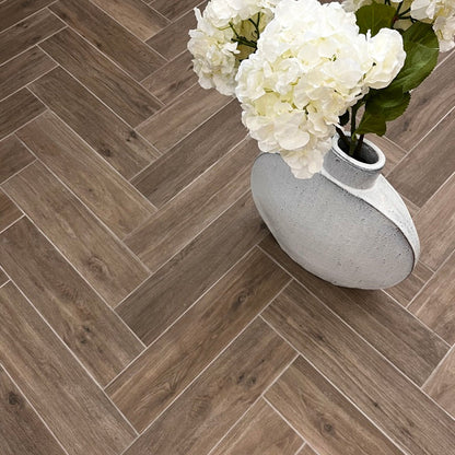 Chianti Taupe Herringbone Matt 60 x 15cm Wall & Floor Tile in a room setting