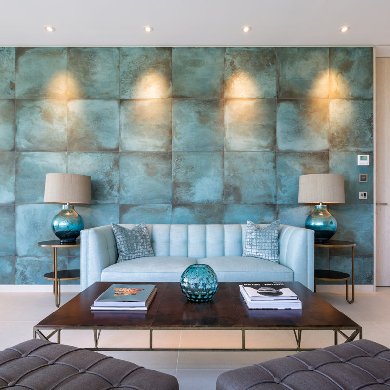 Elements Metal Mint Matt 80 x 80cm Wall & Floor Tile in a room setting