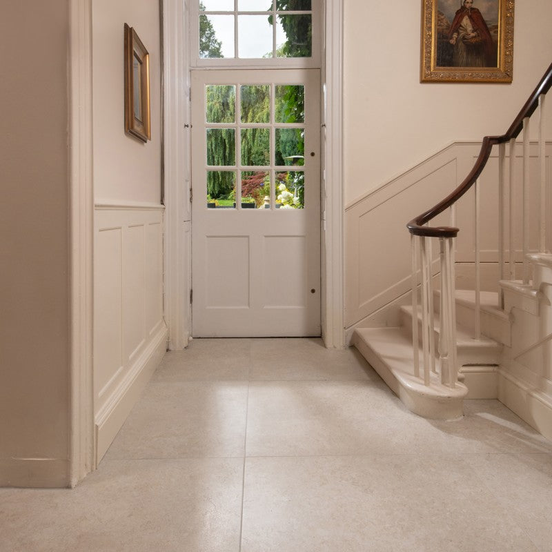 Illusion White Honed 90 x 90cm Wall & Floor Tile in a room setting