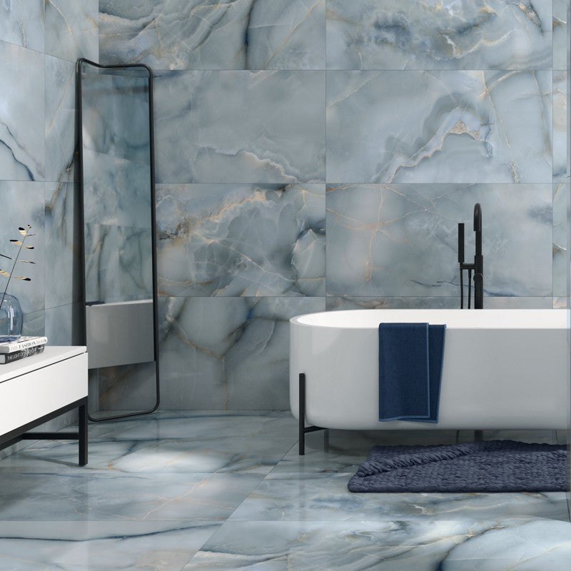 Mirrored Marble Onice Sky B Polished 120 x 60cm Wall & Floor Tile in a room setting