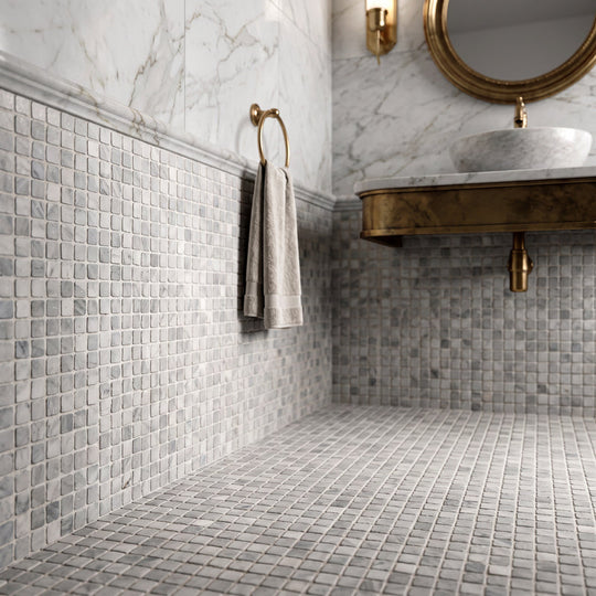 Roman Bardiglio Nuvolato Mosaic Honed 30 x 30cm Wall & Floor Tile in a room setting