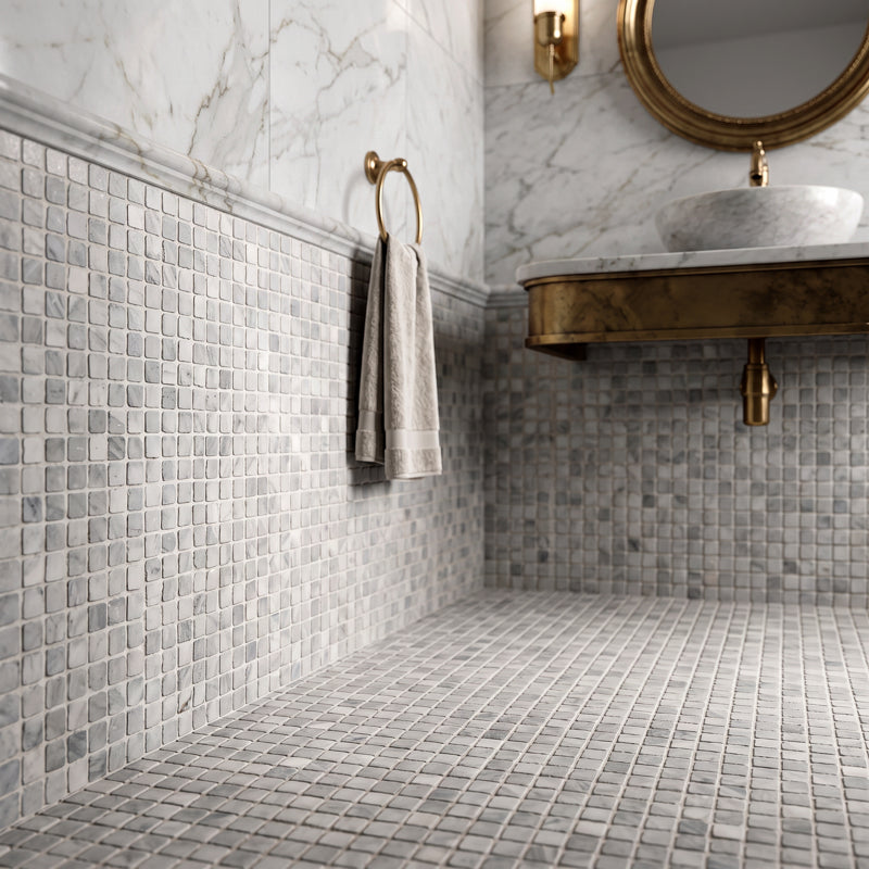 Roman Bardiglio Nuvolato Mosaic Honed 30 x 30cm Wall & Floor Tile in a room setting