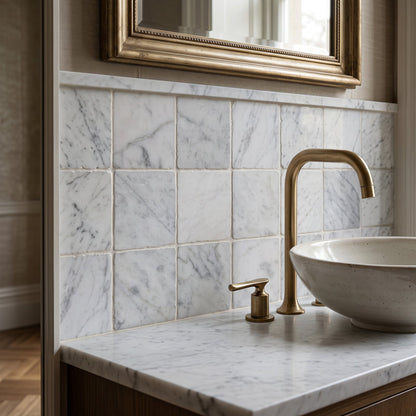Roman Bianco Carrara Squares Tumbled 10 x 10cm Wall & Floor Tile in a room setting