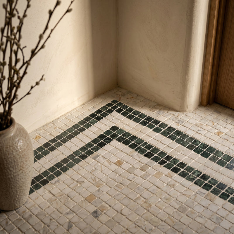 Roman Calacatta Gold Mosaic Honed 30 x 30cm Wall & Floor Tile in a room setting