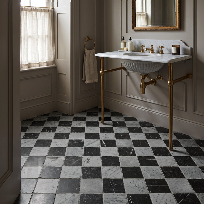 Tumbled edges on Roman Sahara Noir marble square tiles