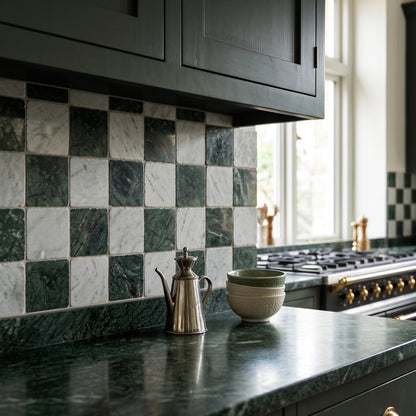 Roman Verde Guatemala Squares Tumbled 10 x 10cm Wall & Floor Tile in a room setting