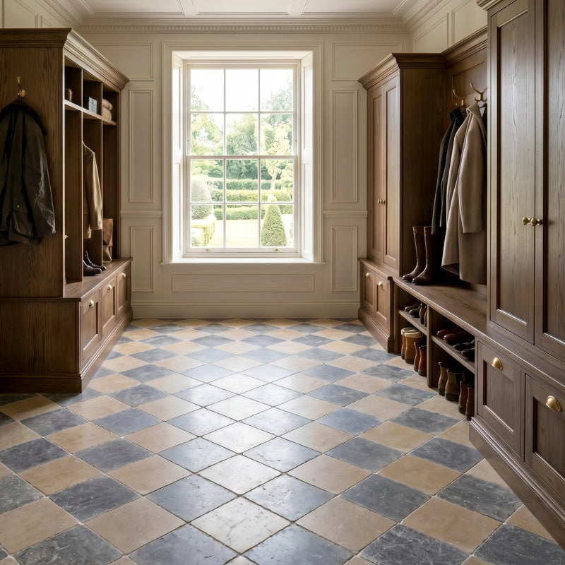 Rosa Andalusia and Macael Grey Chequer Tumbled 30 x 30cm Wall & Floor Tile in a room setting