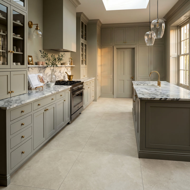 So Med Ivory Honed 90 x 90cm Wall & Floor Tile in a room setting