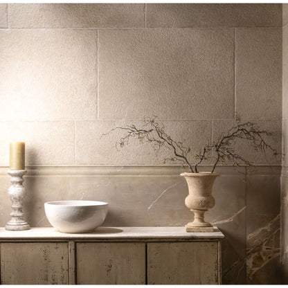 Tulum Beige Textured 90 x 30cm Wall & Floor Tile in a room setting