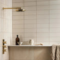 Retro Metro Marble Arch 10 x 30 Glazed Tile beige glazed tiles with a gold showerhead