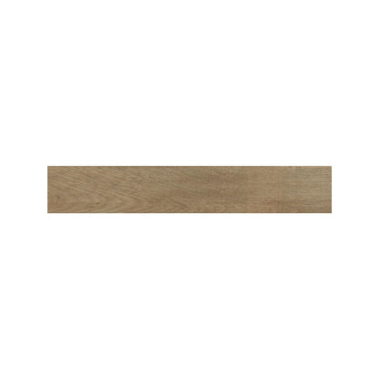 Chestnut brown wood effect plank tiles laid across a kitchen floor, Fired Earth Lyndhurst