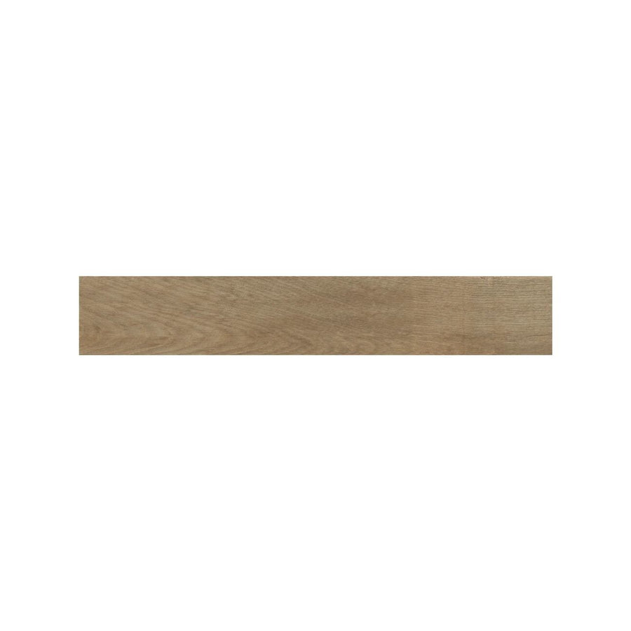Chestnut brown wood effect plank tiles laid across a kitchen floor, Fired Earth Lyndhurst