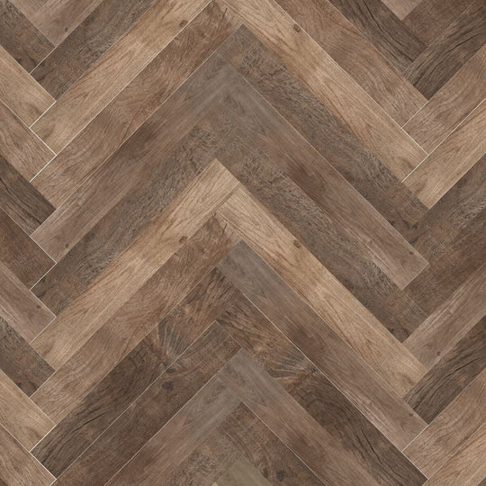 Lyndhurst Walnut Herringbone Wood Effect Porcelain Tile 10 x 70cm