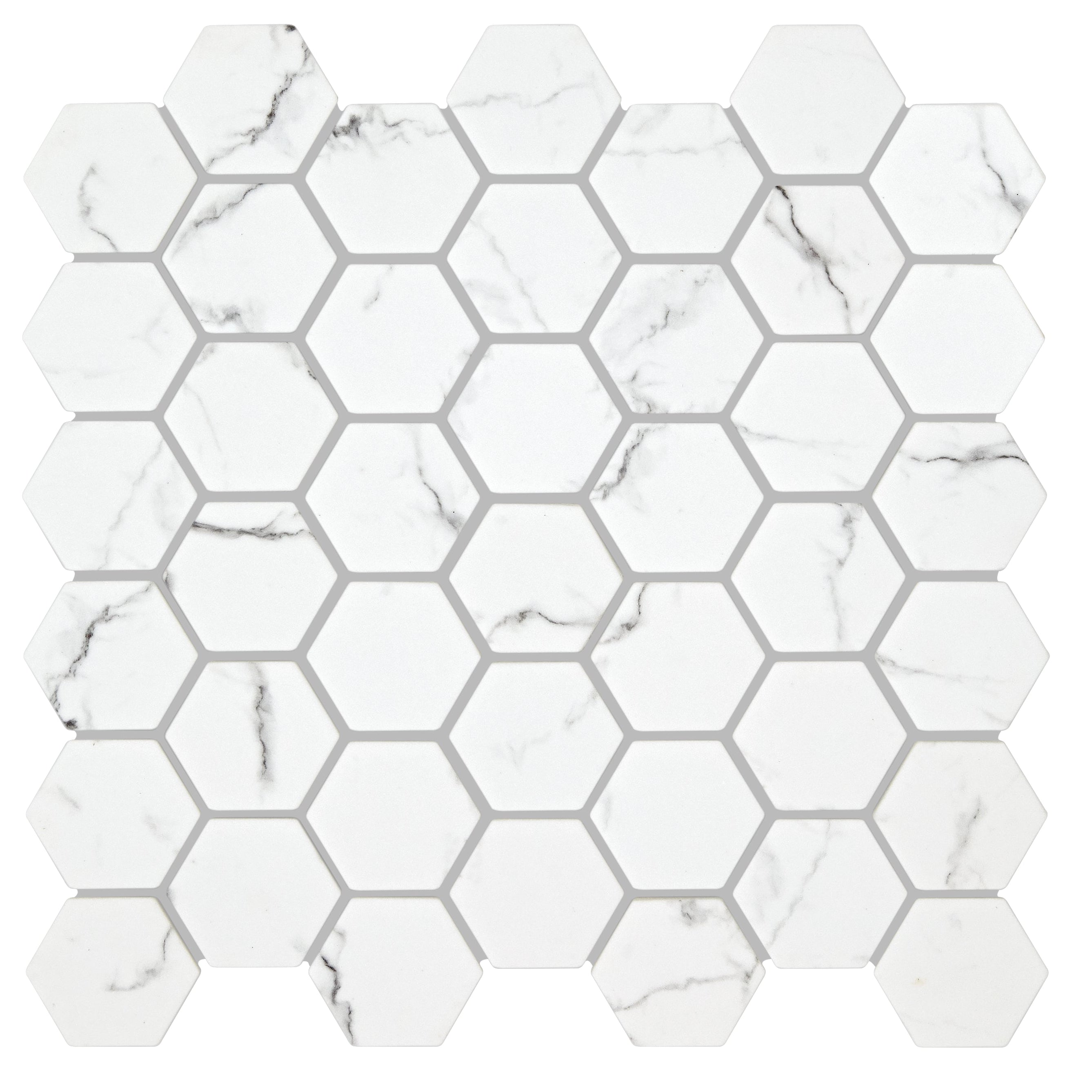 Malmo Hexagon white mosaic tile with white hexagonal design and subtle gray veining mimicking marble look