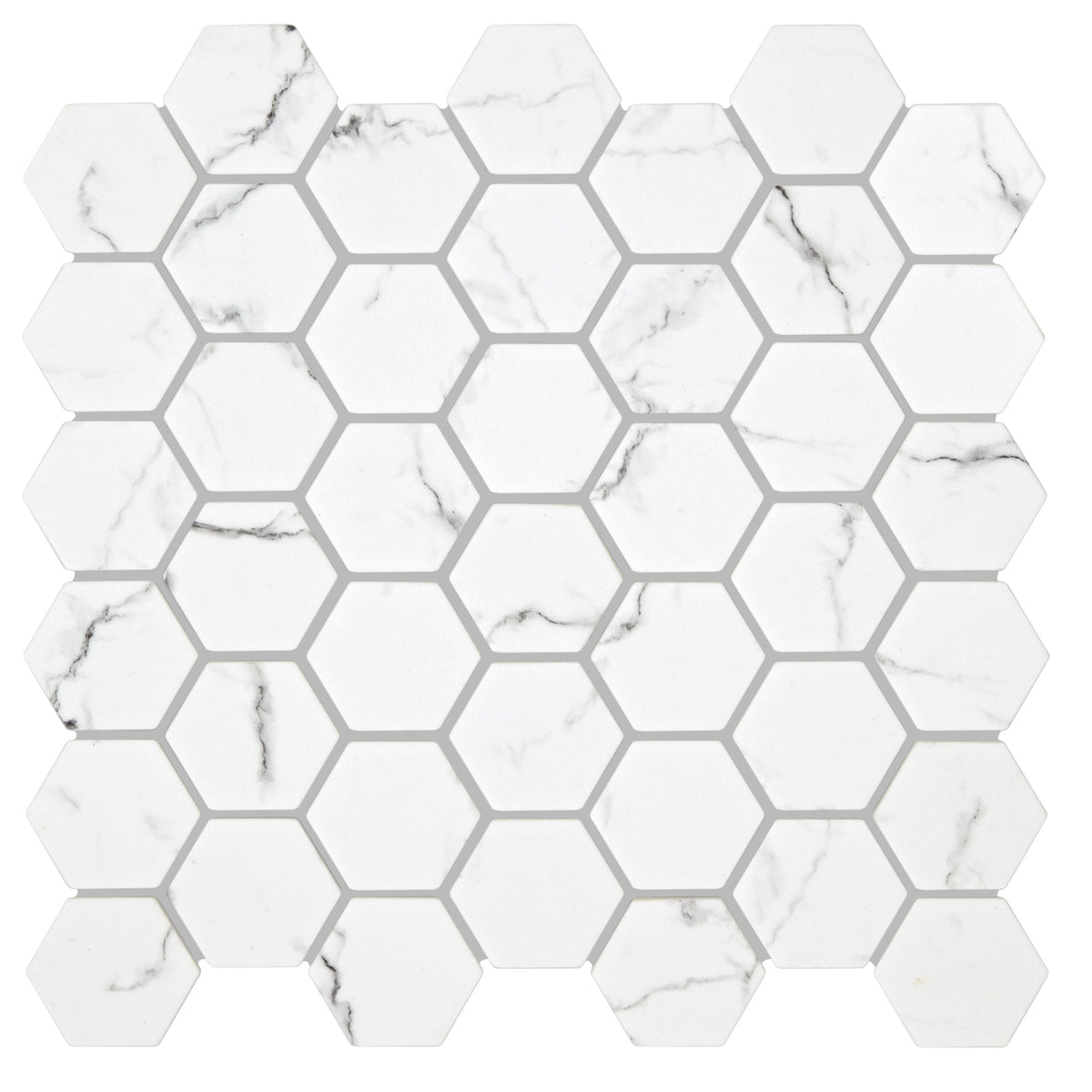 Malmo Hexagon white mosaic tile with white hexagonal design and subtle gray veining mimicking marble look