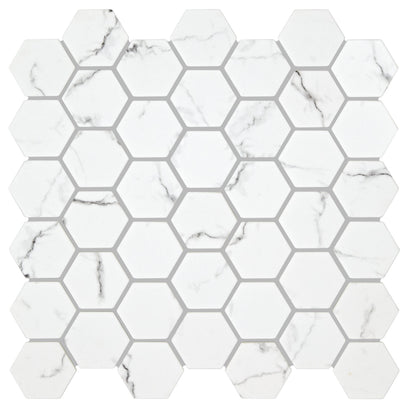 Malmo Hexagon white mosaic tile with white hexagonal design and subtle gray veining mimicking marble look