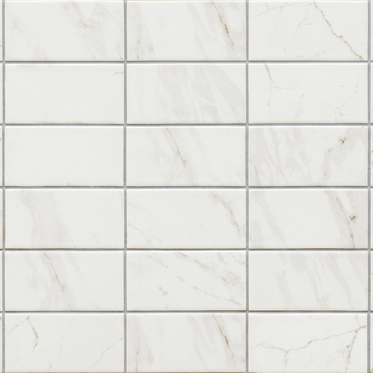 Malmo base white rectangle tiles with subtle gray veining arranged in a white rectangular grid pattern