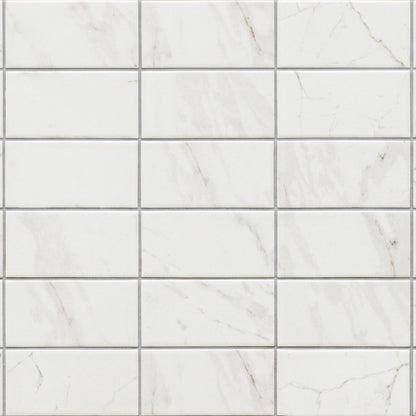 Malmo base white rectangle tiles with subtle gray veining arranged in a white rectangular grid pattern